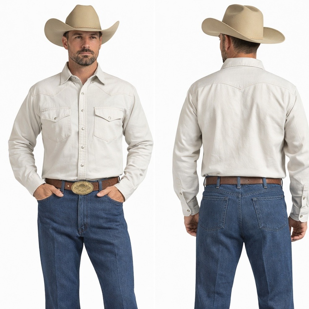 Vintage Mens Workwear Western Pearl Snap Shirt Cotton Twill Long Sleeve Beige